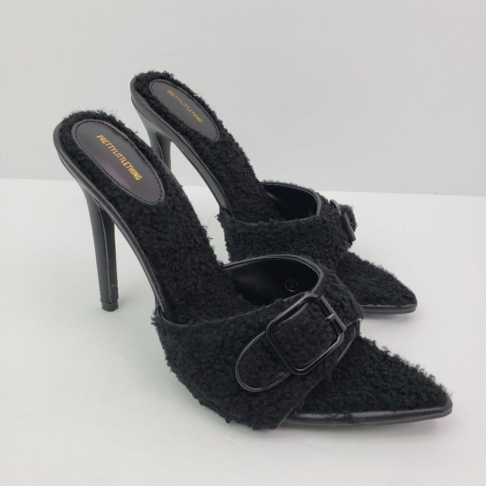 Pretty Little Thing Womens Size UK 4 US 6 Black Teddy Point Buckle 4.5" Heels